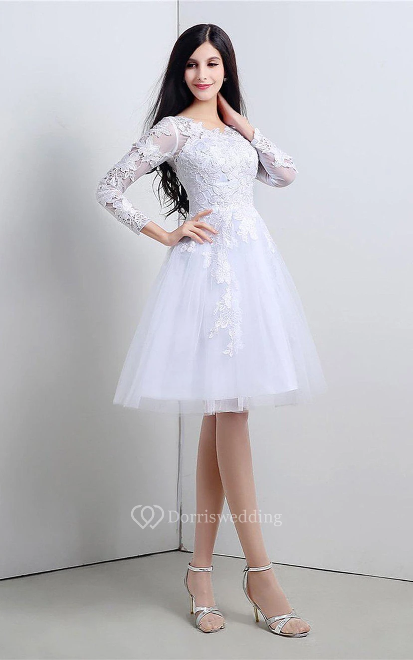 Noble Knee-length Lace and Tulle Dress With Long Sleeves view 4