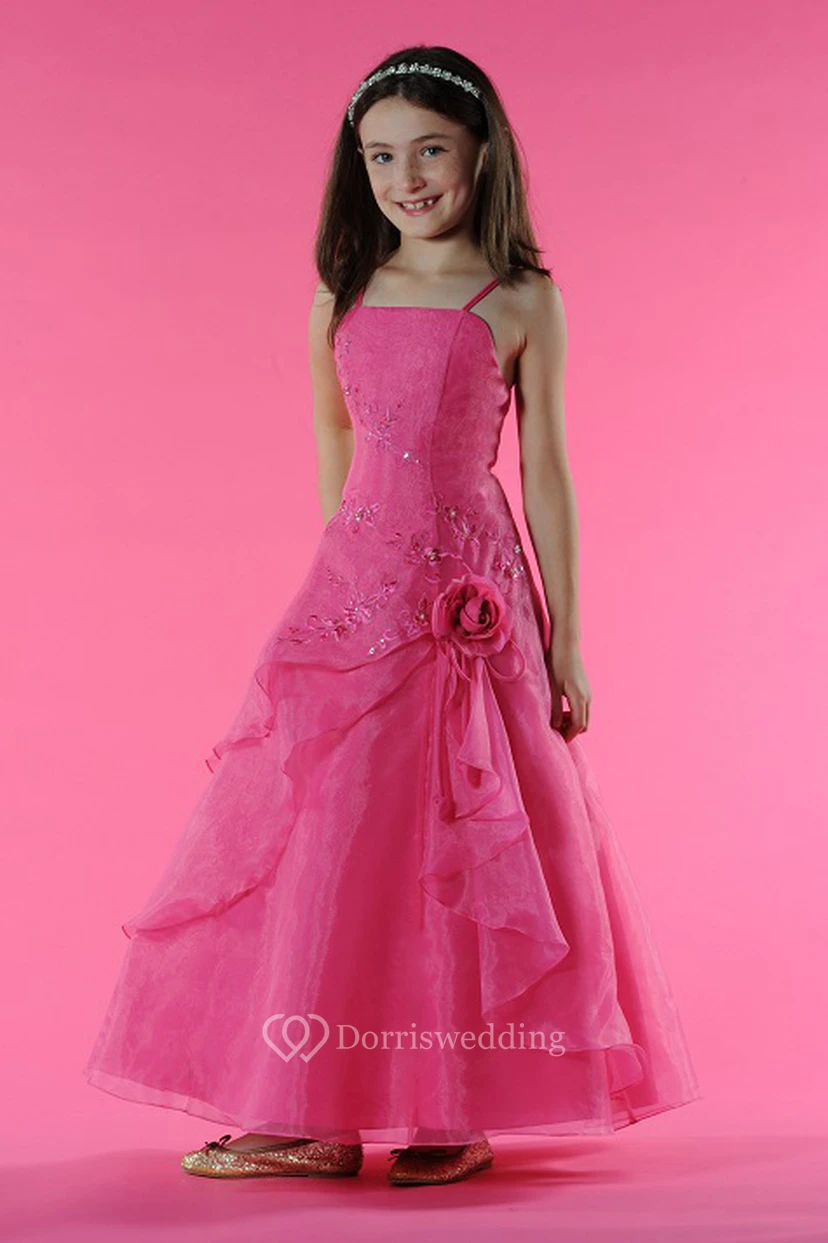 Flower Girl Spaghetti Straps Flower Side Drape Tulle Gown With Embroidery