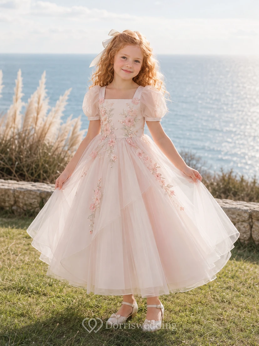 A-Line Flowergirl Lace Tulle Floor-Length Puff Sleeve Pink Coastal Cliff Wedding Dress with Floral Appliques and Bow Back