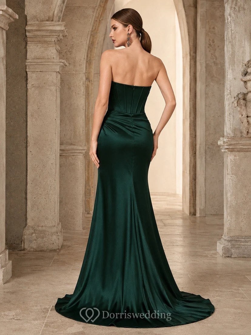Dark Green Strapless Sweetheart Satin Mermaid Split Front Evening Dress view 2