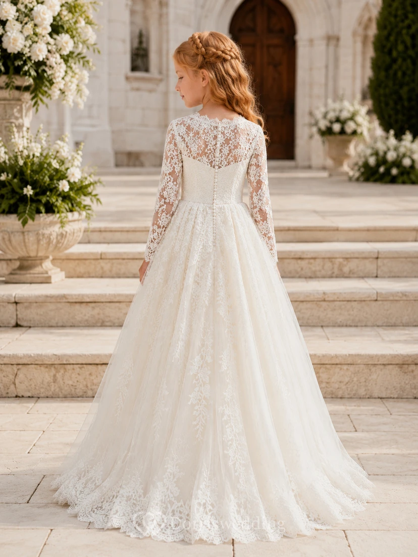 A-Line Flowergirl Lace Tulle Floor-Length Long Sleeve Classic Garden Wedding Gown with Floral Embroidery view 2