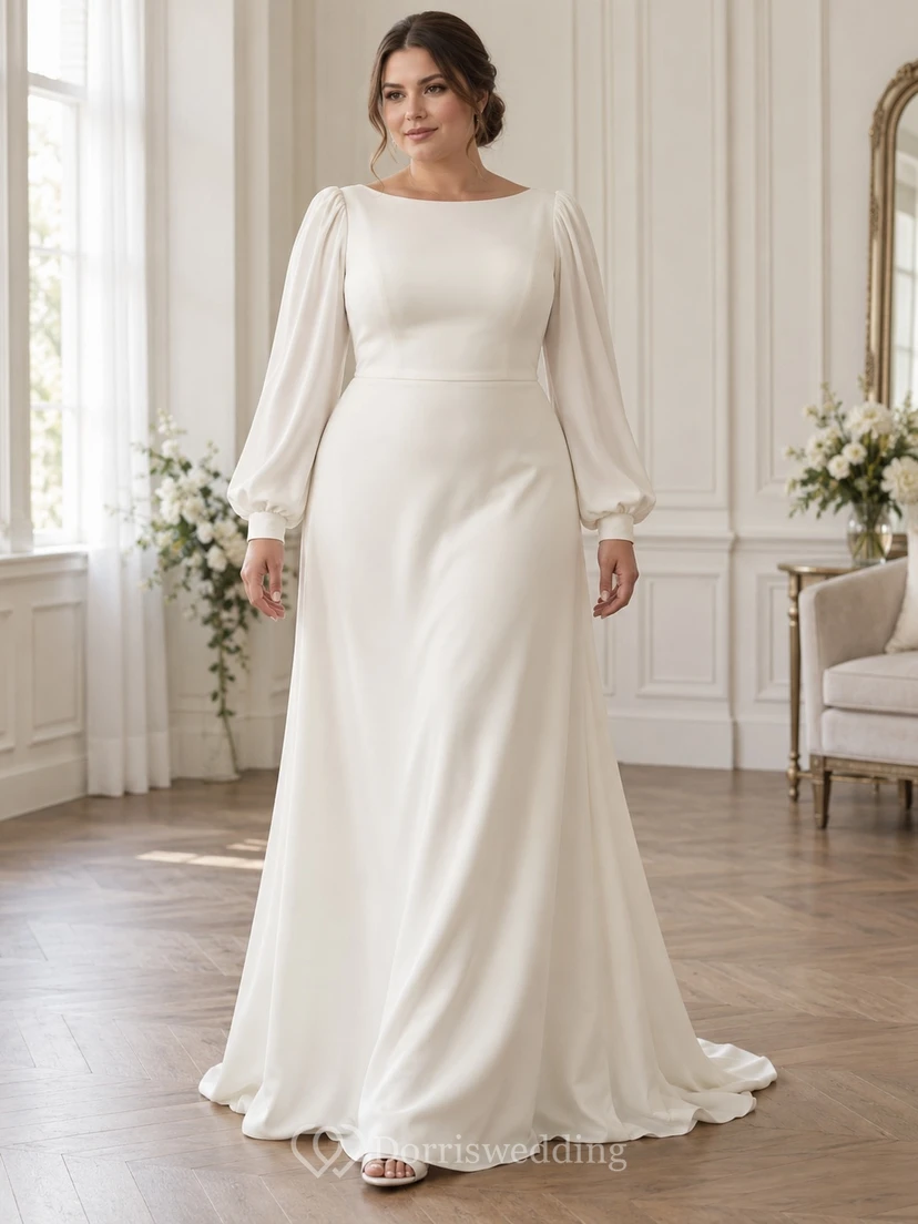 Vestido de novia de corte A con escote barco, mangas largas y espalda abotonada.