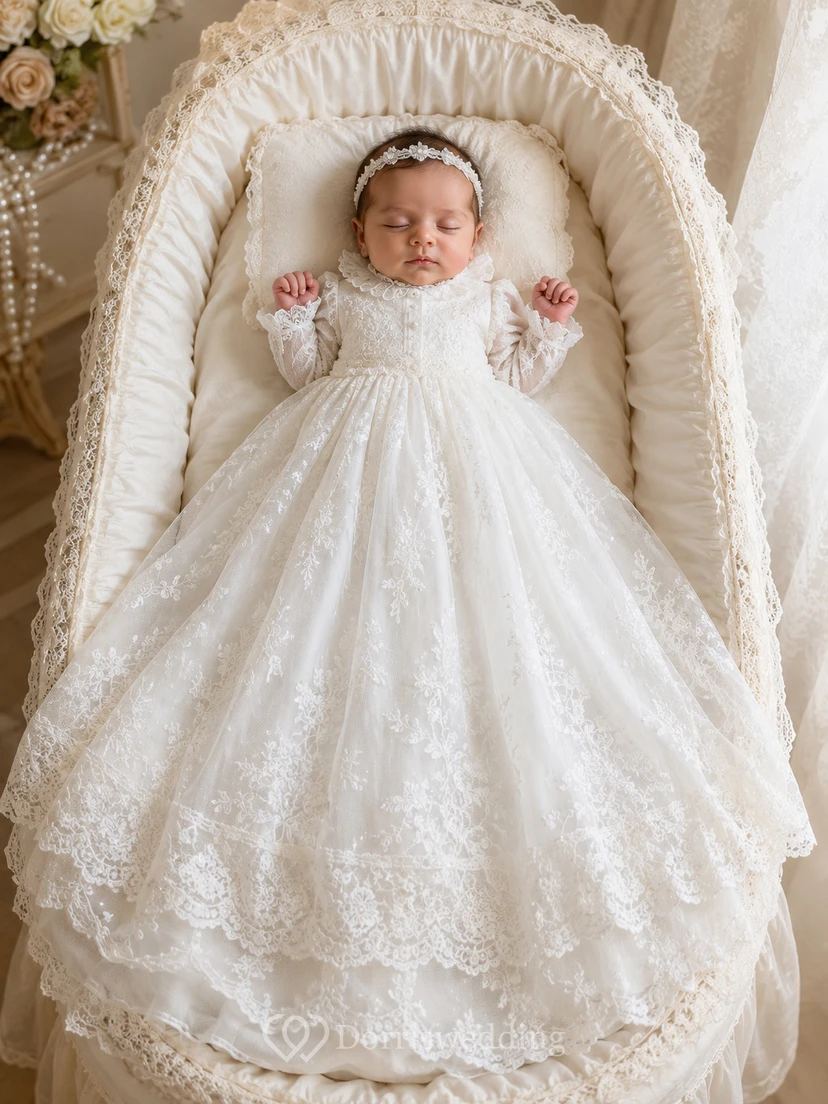 High Neck Christening Gown A-Line Lace Tulle Long Sleeve Full Skirt