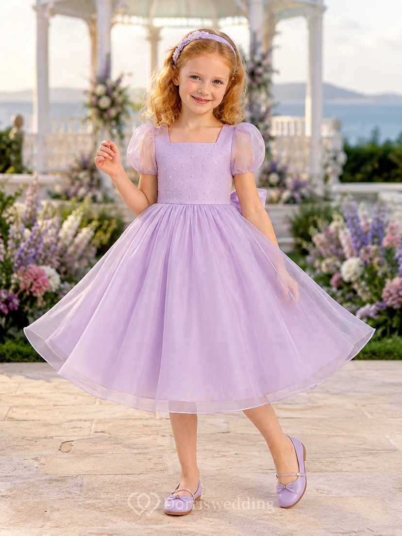 Lila Kurzarm-Tüllkleid für Blumenmädchen