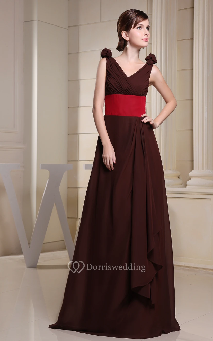 Muti-Color V-Neck Ruched Maxi Dress With Ruching and Flower view 2