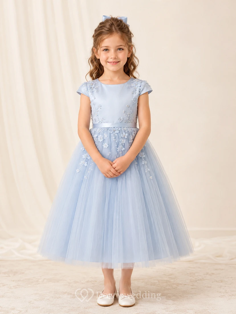 Blue Tulle A-Line Flower Girl Dress with Short Sleeves, Jewel Neck and Tea-Length Skirt