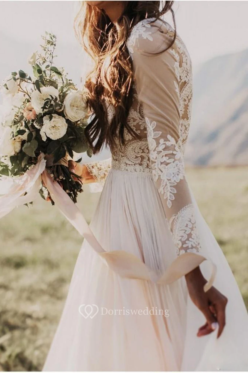 Robe de mariée bohème champêtre | Robe de mariée vintage modeste à manches longues style western pour une fugue amoureuse view 3