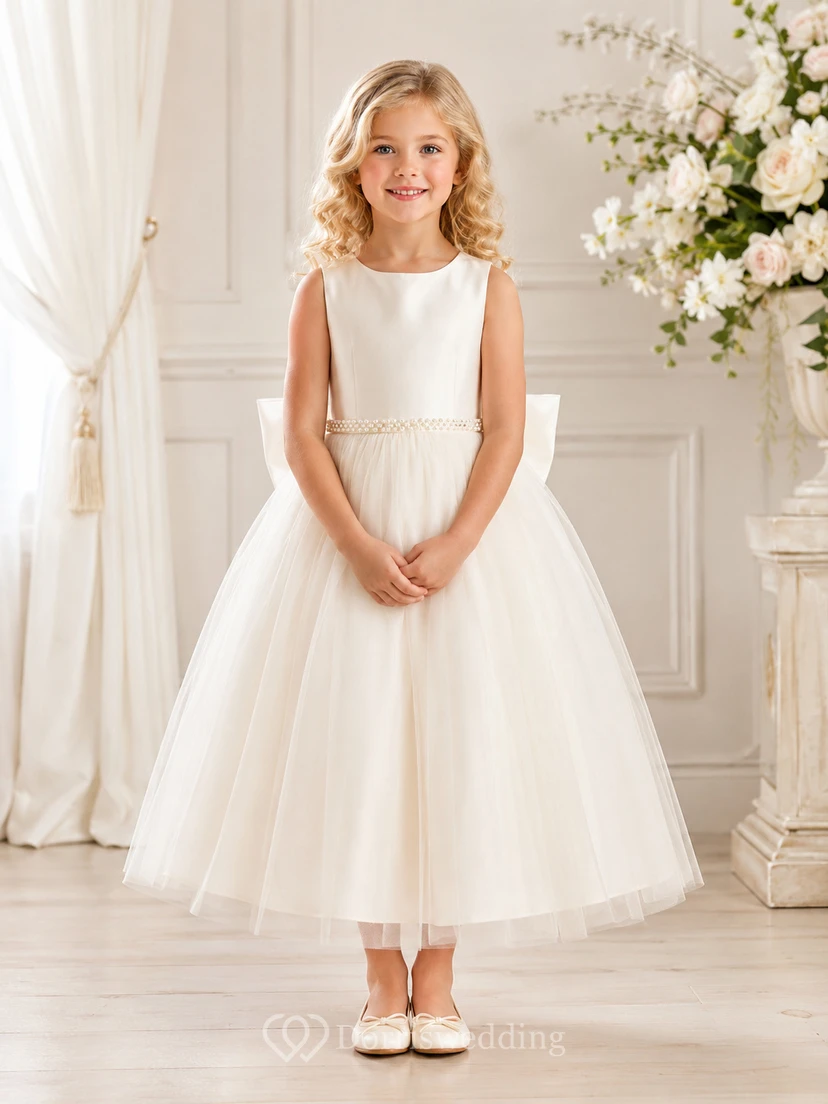 Bow Back Tulle A-Line Flower Girl Dress with Jewel Neck and Tea-Length Skirt