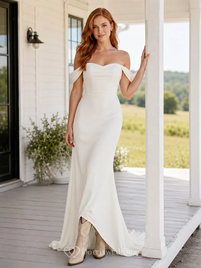 Minimalist Crepe Mermaid Off Shoulder Short Sleeve Wedding Dress Simple