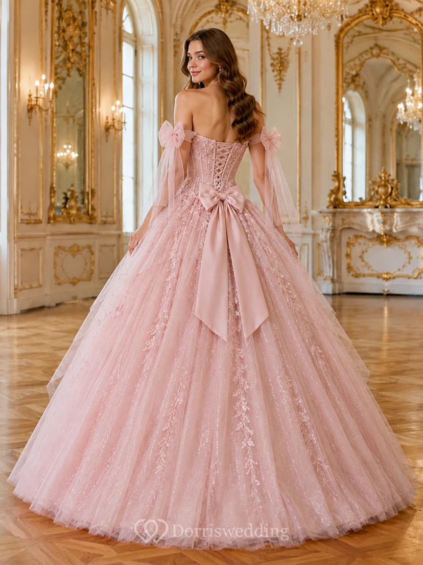 Blush Parisian Off Shoulder Bow Corset Glitter Tulle Quinceanera Princess Ball Gown view 2