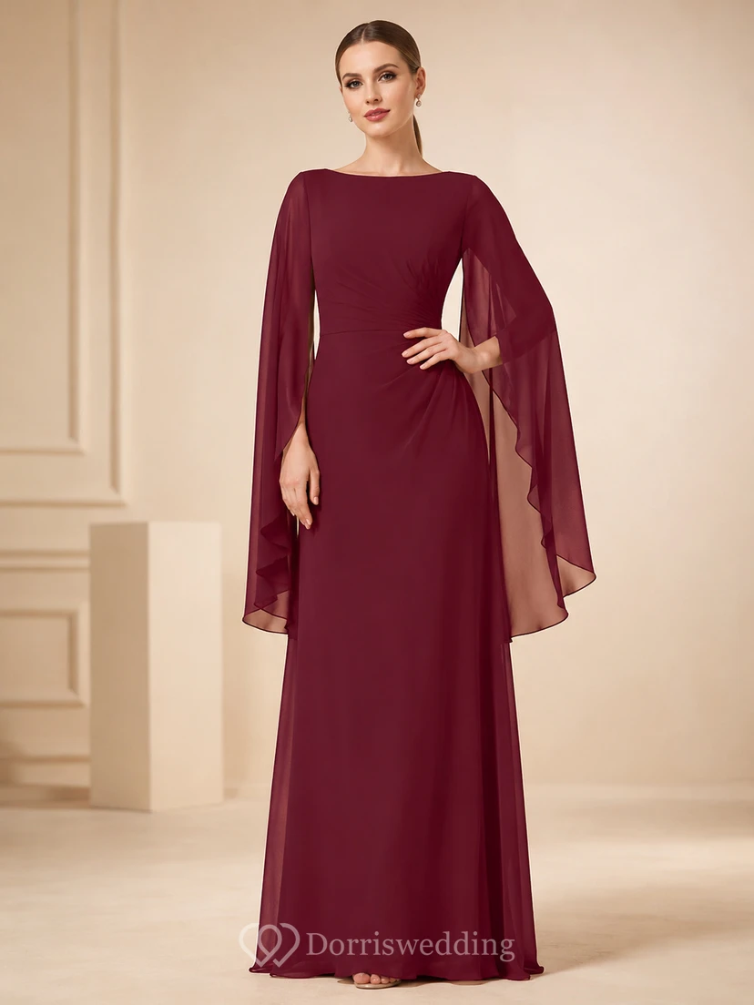 Burgundy Bateau Neck Cape Sleeve Modest Formal Gown