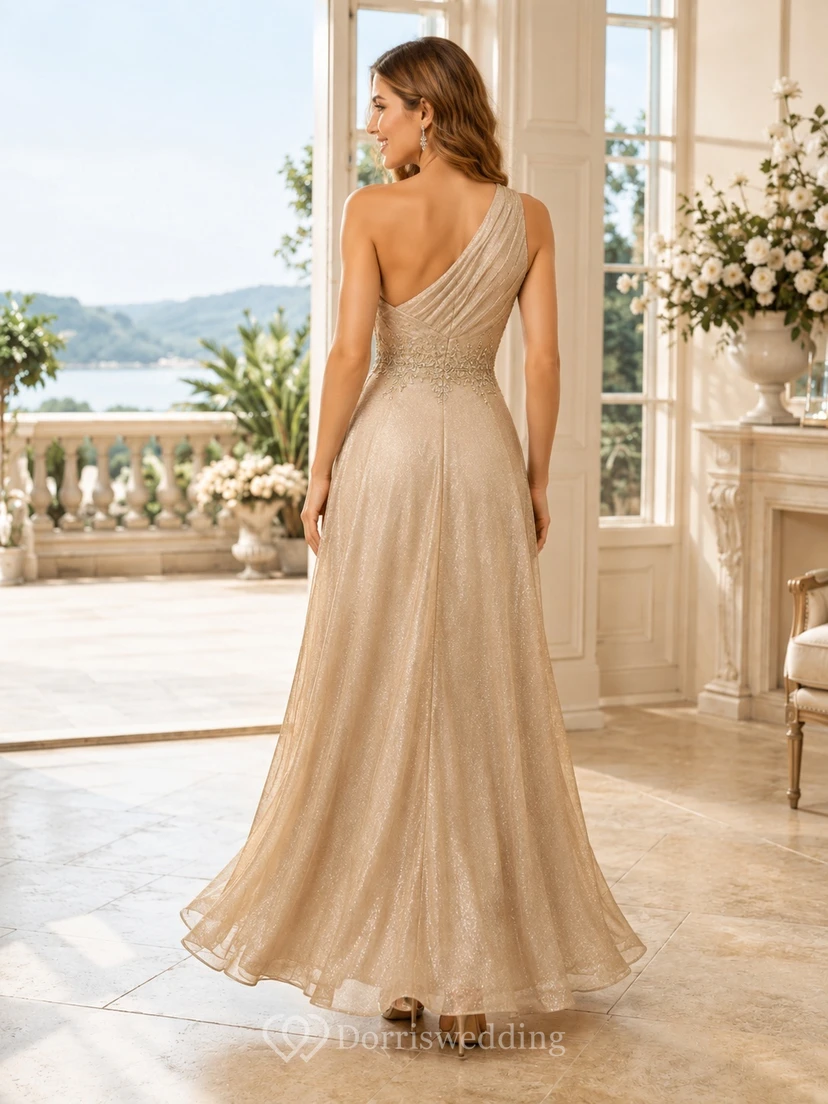 Champagne Sequined One-shoulder Pleated A-line Floor-length Formal Evening Dress view 2