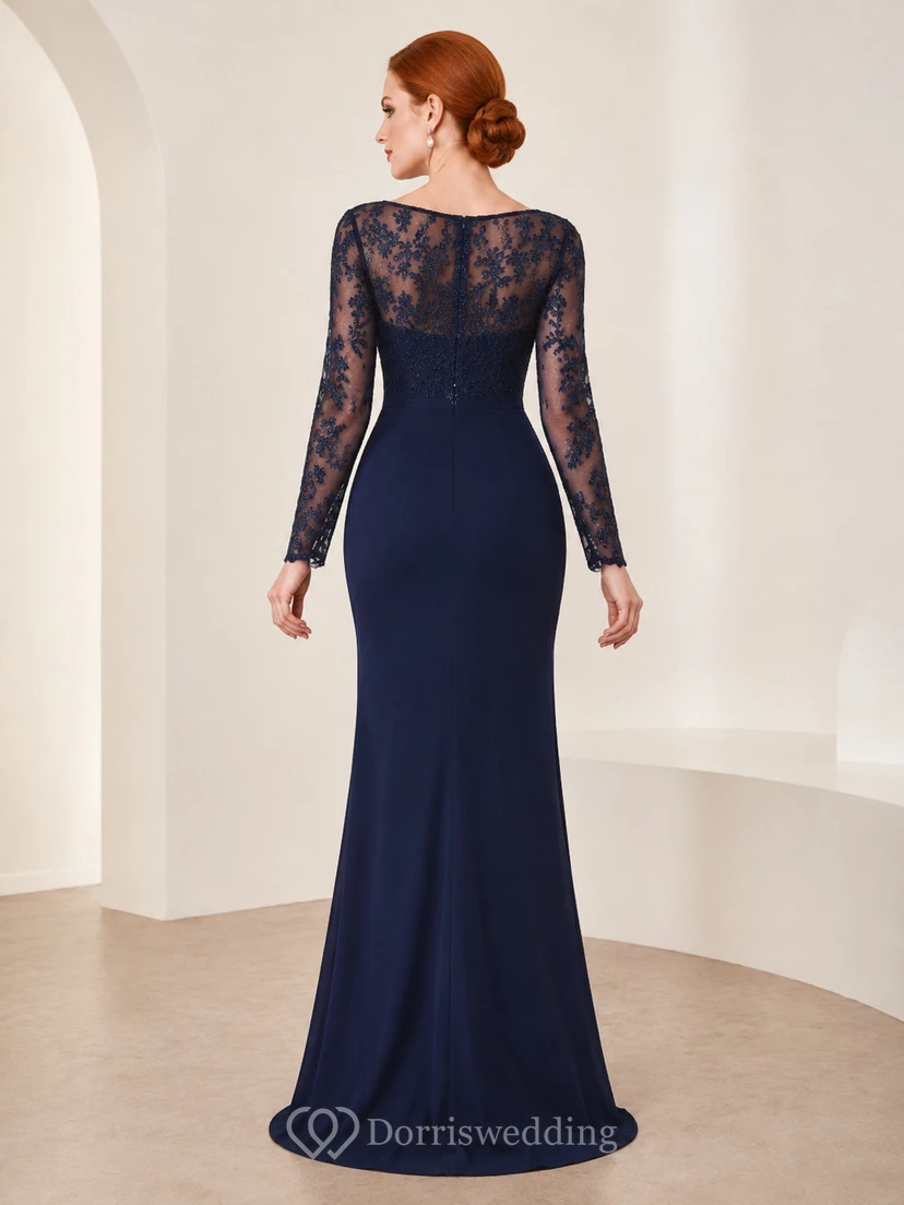Dark Navy Illusion Lace Long Sleeve Evening Dress view 2