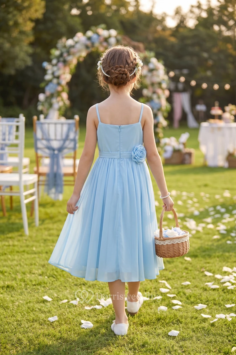 Chiffon Ruffled Short Pleated Sky Blue Flowergirl Dress with Petals view 2