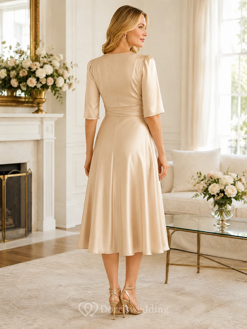 Champagne Satin V Neck Half Sleeve Family Ceremony Midi Dress view 2