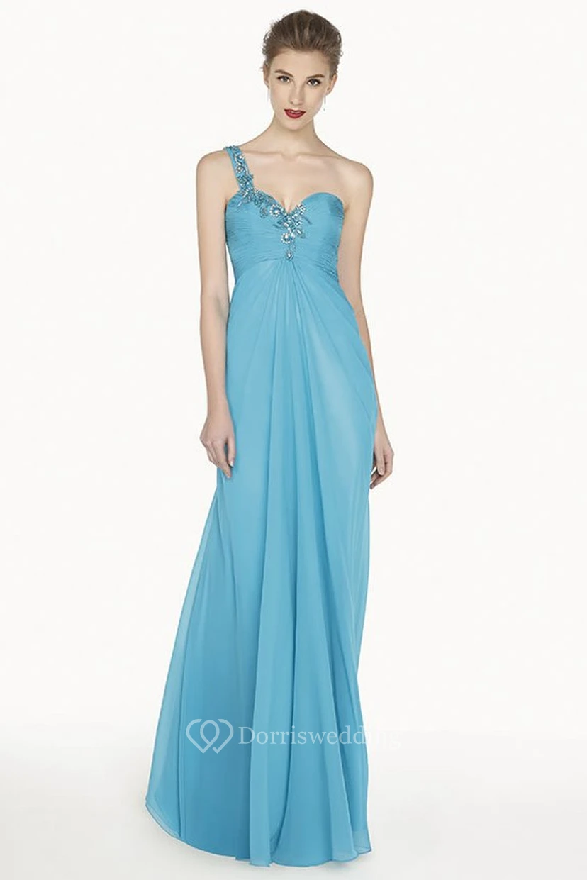 Single Crystal Strap A-Line Chiffon Long Prom Dress With Waist Keyhole