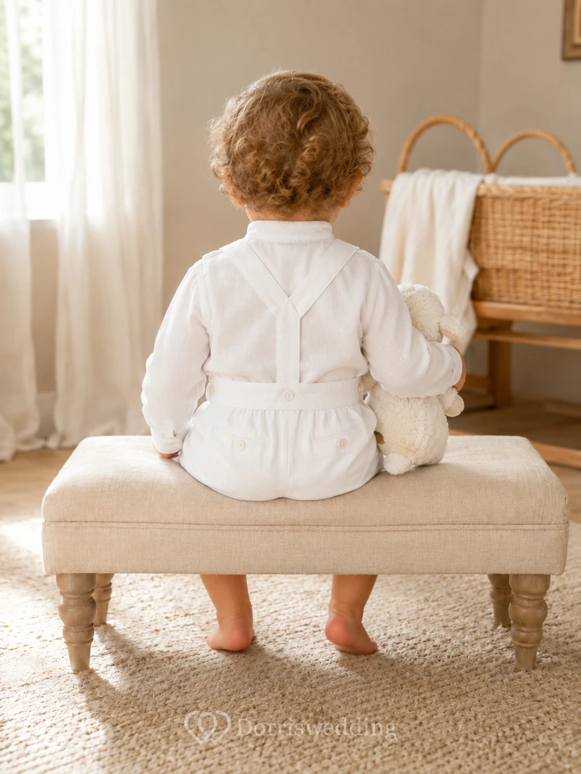 LDS Weißes Langarm-Leinen-Höschen-Set mit Hosenträgern und Segensgruß für Babys view 2