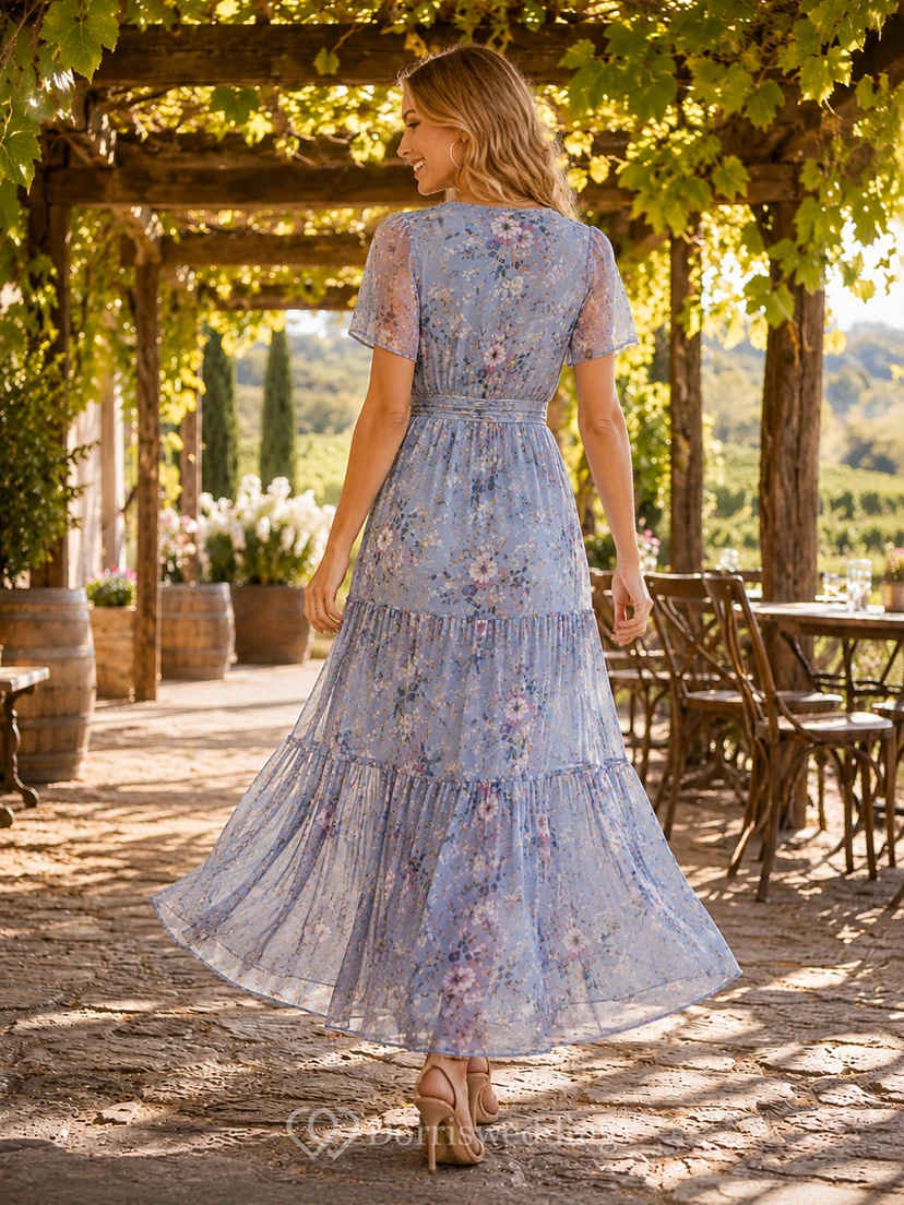 Steel Blue Outdoor Winery Wedding Guest Bridesmaid Cocktail Formal Dress A-Line Tea-Length V-Neck Flutter Sleeve Chiffon Floral Print Ruffle Trim Wrap Bodice Zipper Back view 2