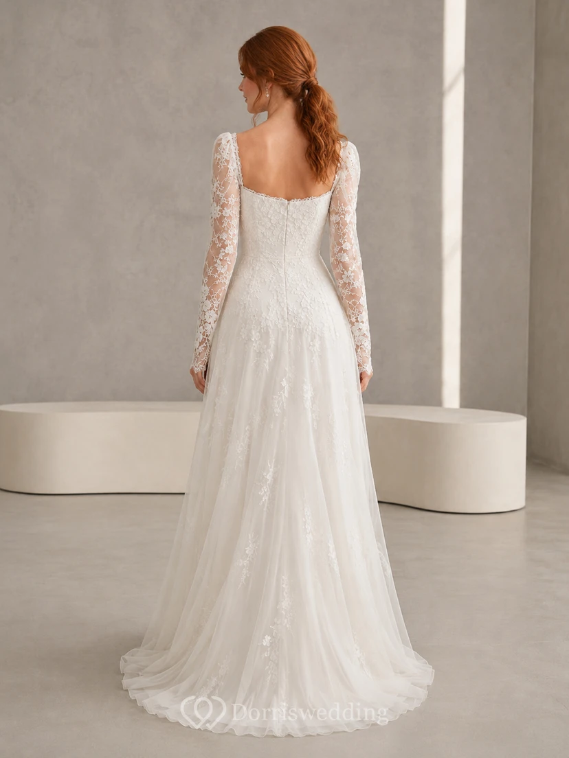 Square Neck Long Sleeve Lace Modern Studio Bridal Gown view 2