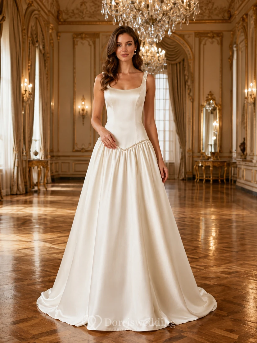 Robe de mariée vintage de bal à taille basse et corsage en satin