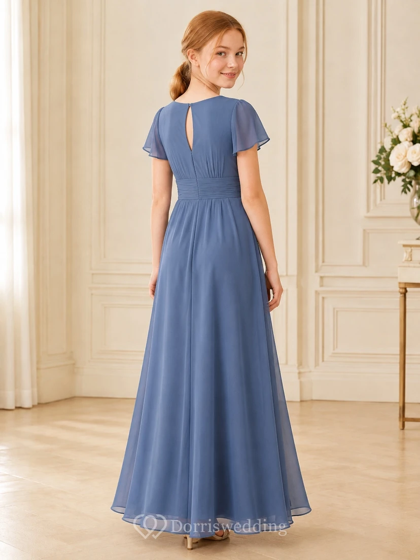 Stahlblaues Brautjungfernkleid für junge Damen, A-Linie, eckig, kurze Ärmel, Blütenblatt-Dekoration view 2