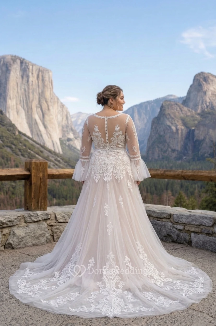 Plus Size Long Sleeve Lace Wedding Dress with Deep V-Neck and Split Front view 2