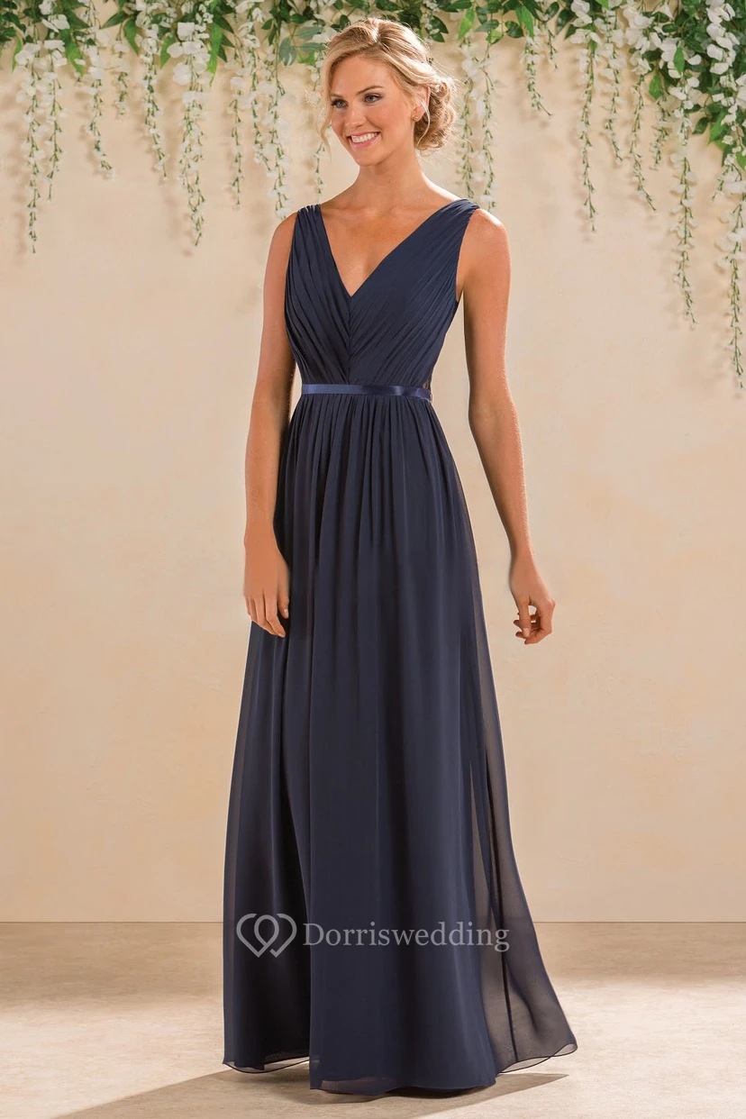 Sleeveless V-Neck A-Line Bridesmaid Dress With Lace Back And Pleats