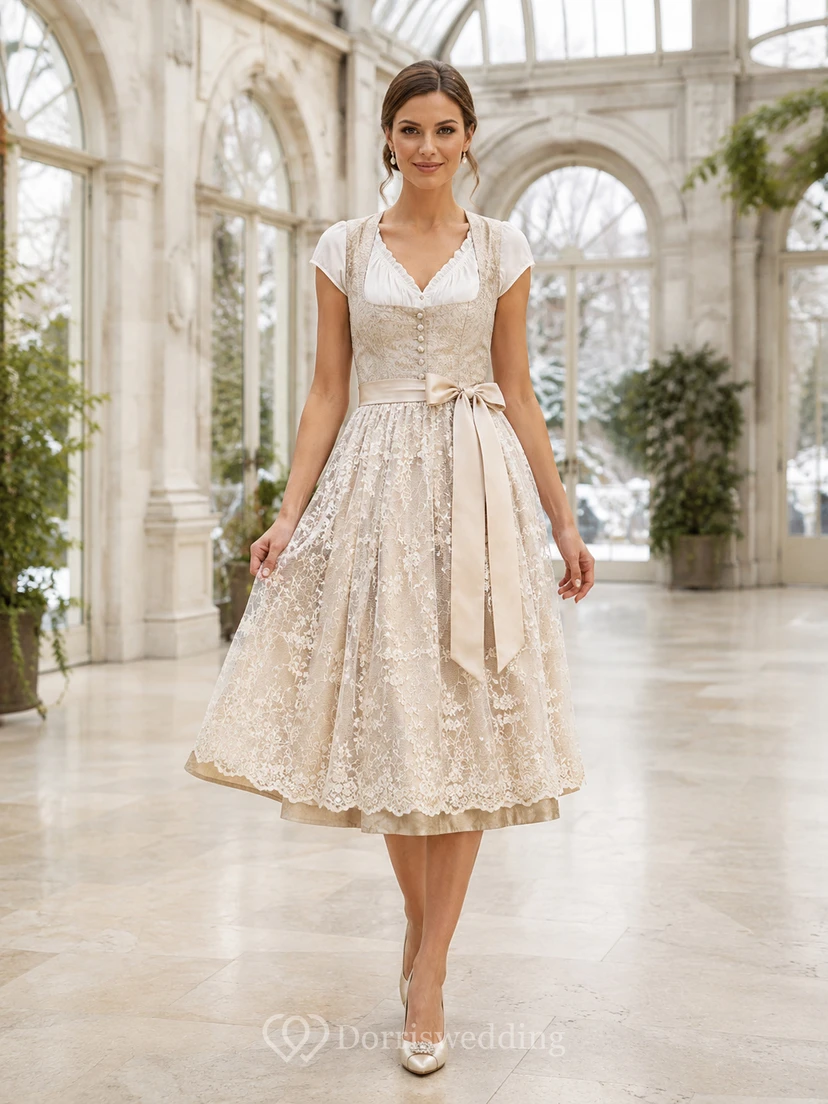 Elegant Lace Bridal Dirndl V Neck Cap Sleeve Tea Civil Wedding Dress