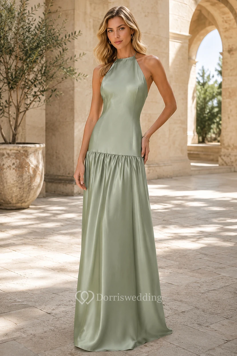 Abendkleid aus salbeigrünem Satin, A-Linie, Neckholder, ärmellos, bodenlang