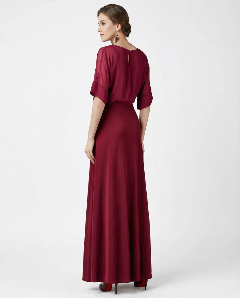 Bateau Neck Half Sleeve Pleated Chiffon Dress view 2