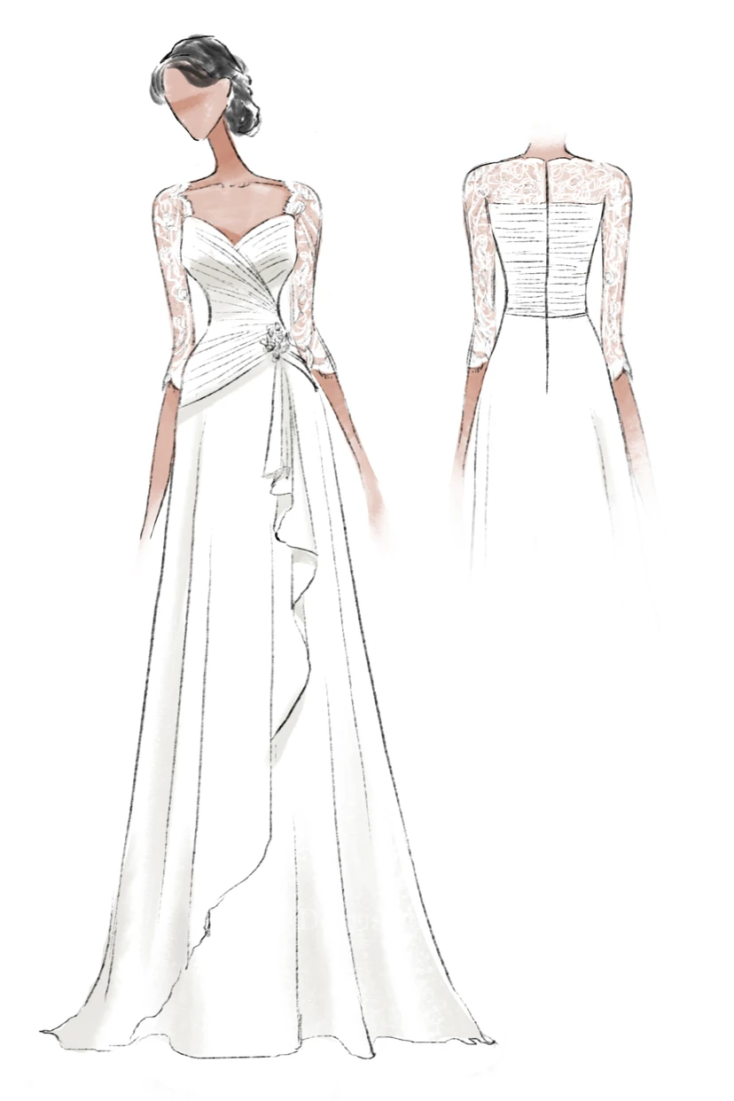 A-Linien-Kleid aus Chiffon mit bodenlangem Schnitt, V-Ausschnitt, halben Ärmeln, Schleppe und Spitze – das perfekte Kleid für die Mutter der Braut view 3