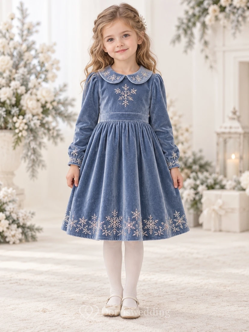 Long Sleeve Tea-length Blue Snowflake Collar Velvet Flower Girl Dress
