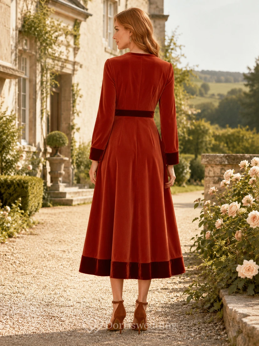 Burgundy V Neck Long Sleeve Velvet Trim Midi Guest Dress view 2