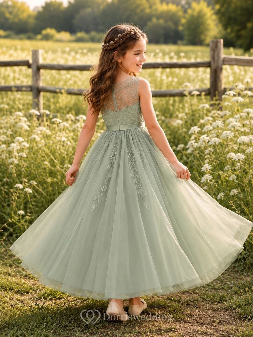 Sage Romantic Ankle-Length A-Line Tulle Illusion Neck Floral Applique Flower Girl Dress view 2