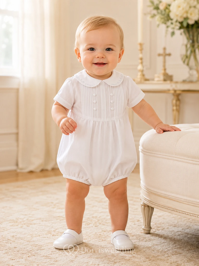 White Fine Pintuck Peter Collar Short Sleeve Blessing Bubble for Baby Boy