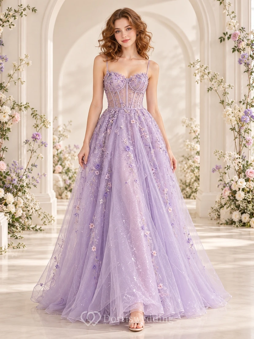 Fairy Lavender Spaghetti Strap Sweetheart Floral Tulle Long Formal Dress