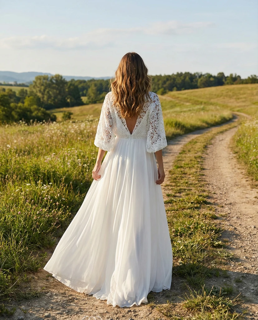 Boho-Hochzeitskleid aus Spitze mit V-Ausschnitt und Volantärmeln view 2