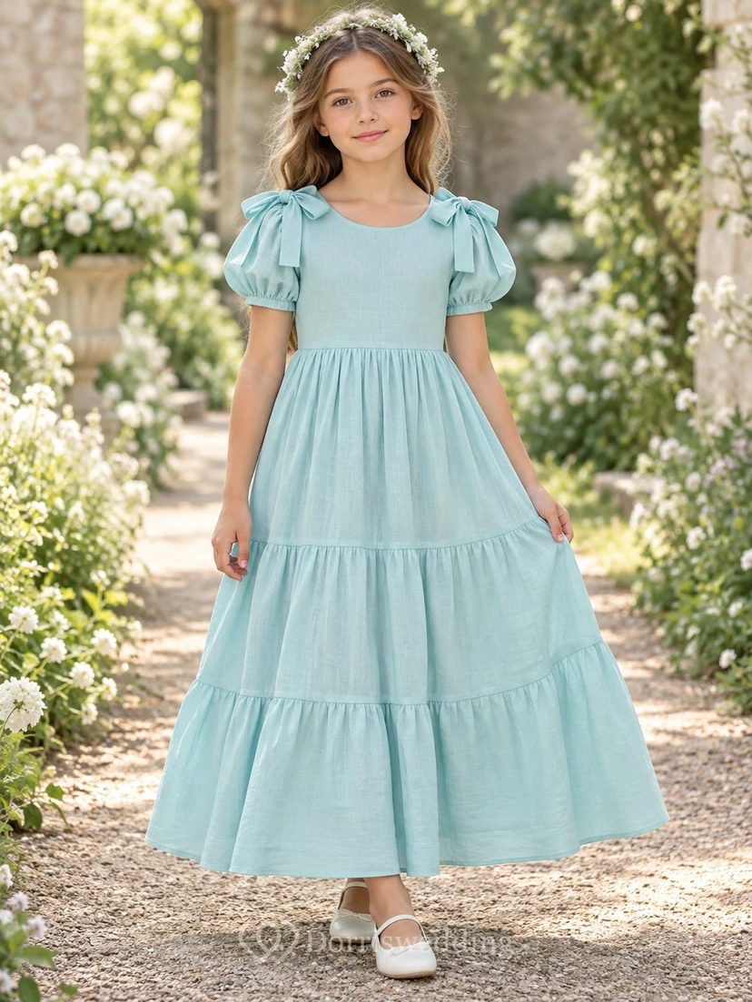 Aqua Puff Sleeve Shoulder Bow Tiered Cotton A-line Flower Girl Dress