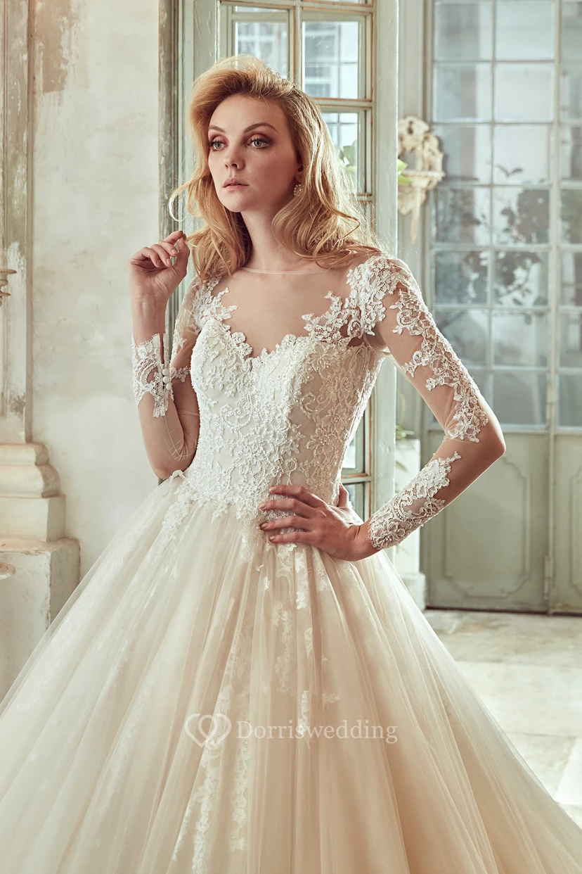 Long-Sleeve V-Neck Wedding Dress With Pleated Skirt And Open Back view 3