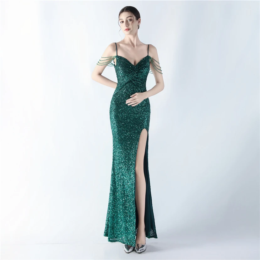 Robe de soirée sexy à bretelles et fente haute, ornée de perles et de perles artisanales. view 21