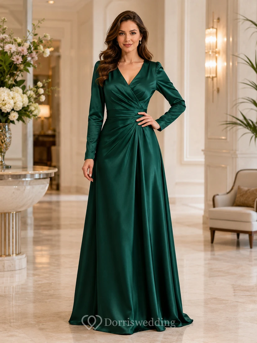 Dunkelgrünes, formelles Abendkleid aus Satin mit V-Ausschnitt, langen Ärmeln und Falten