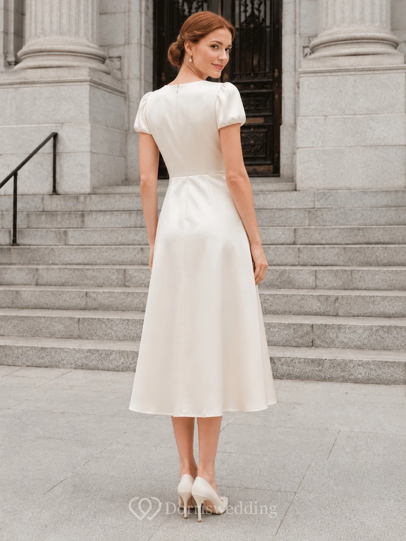 Budget Courthouse V-Ausschnitt Wickel-Satin Midi Brautkleid view 2