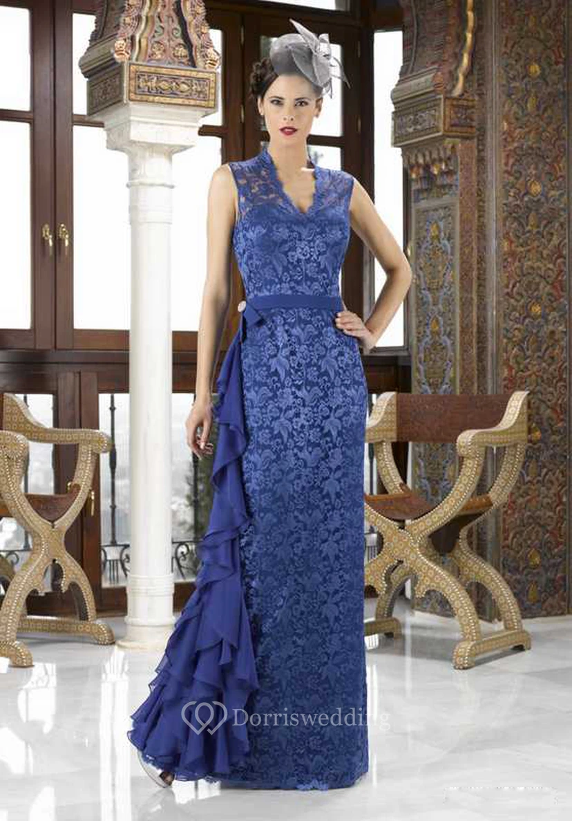 Short Sleeve Appliqued V-Neck Lace Mother Of The Bride Dress