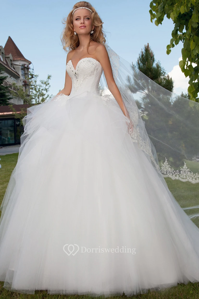 Long Sweetheart Beaded Ruffled Tulle Wedding Dress With Court Train And Corset Back