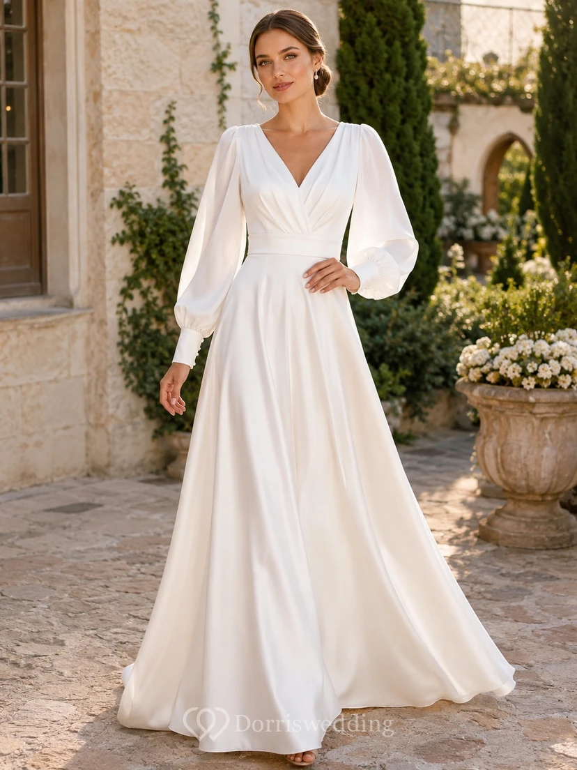 Robe de soirée ivoire modeste à manches longues de poète, col en V, en mousseline de soie, coupe trapèze, longueur au sol