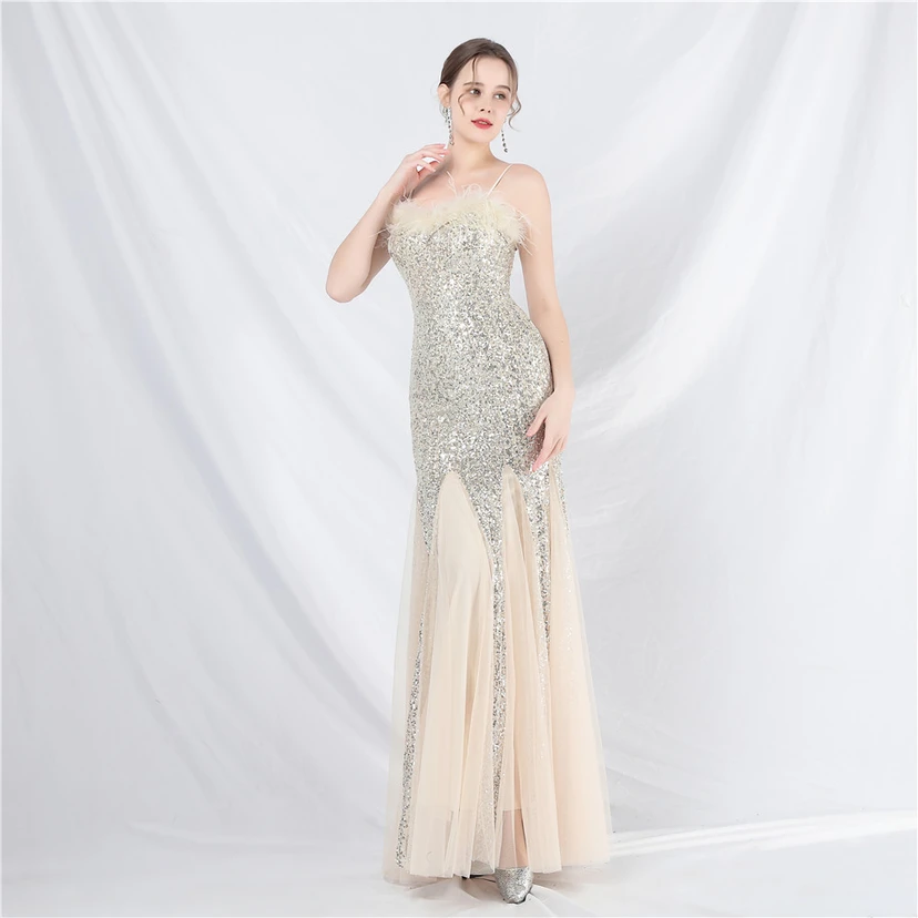 Craft Ostrich Feather Mesh Sequined Long Evening Dress view 11