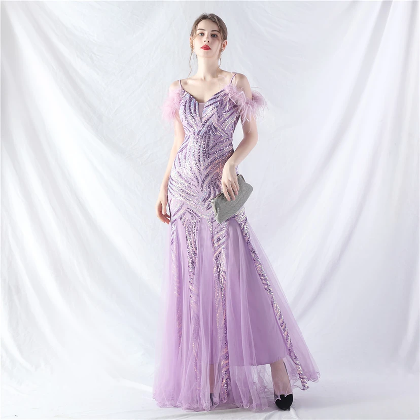 Crafted Ostrich Feather Stacked Sequins Splicing Mesh Gauze High-End Evening Dress Clothes view 95
