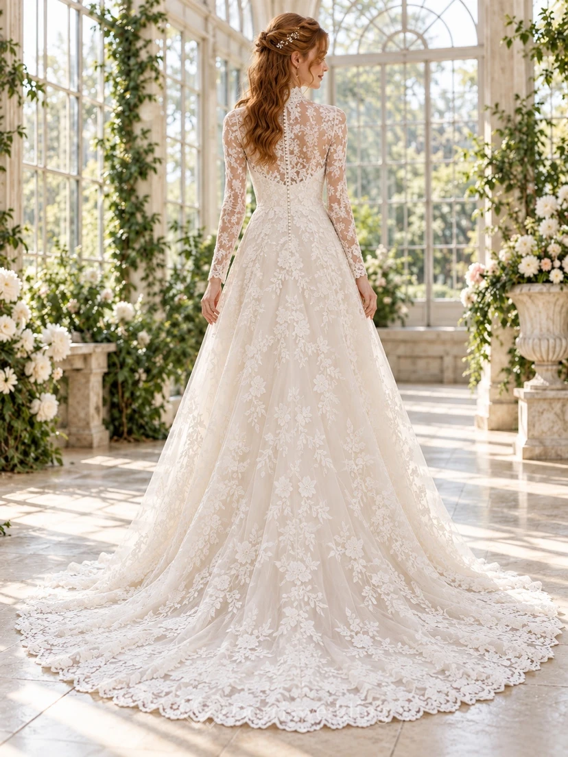 Modest Long Sleeve High Neck Floral Lace A-Line Wedding Dress view 2