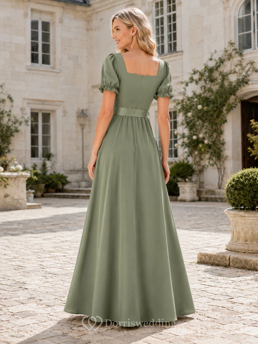 Elegant Sage Satin Formal A Line Floor Length Square Neck Puff Sleeve Gown view 2