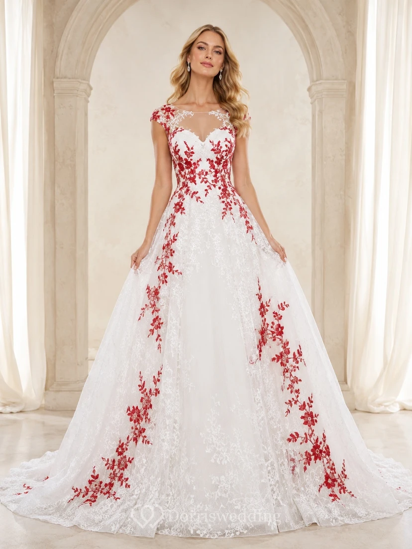 Brautkleid aus rotem, floralem Spitzenstoff, V-Ausschnitt, kurzen Ärmeln, Tüll, A-Linie und Kapellenschleppe